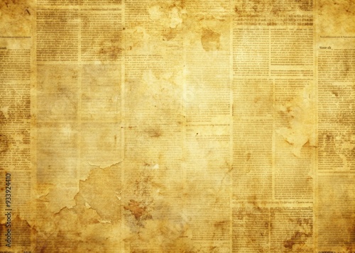 Distressed vintage newspaper background with yellowed parchment texture, rough scratches, and worn edges, evoking a retro aesthetic perfect for nostalgic designs and creations. photo