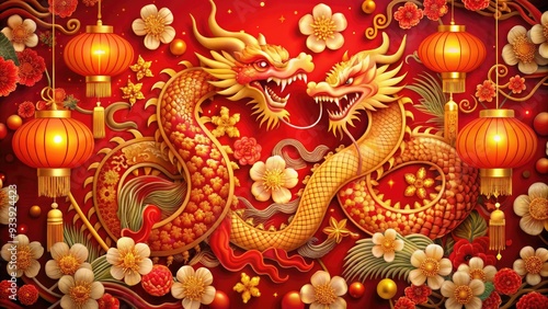 Wallpaper Mural Vibrant red and gold Chinese New Year poster featuring ornate dragons, lanterns, and blessings, surrounded by festive firecrackers and blooming cherry blossoms. Torontodigital.ca