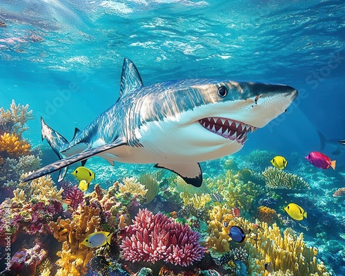 The stunning underwater scene featuring a powerful white shark and vibrant fish swimming near colorful coral reefs in crystal-clear blue water photo