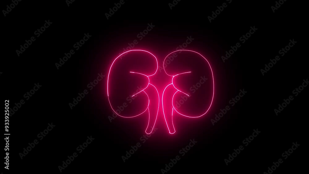 Glowing red neon line Human kidneys icon isolated on dark background. Neon human kidneys icon in line style. Urinary system part symbol, 4k animated Glowing red neon line Human kidneys icon isolated on dark background. Neon human kidneys icon in line style. Urinary system part symbol, 4k animated