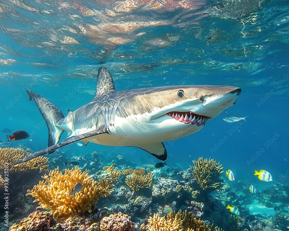 Obraz premium White shark and fish swim underwater near coral reefs, wild sea predator in blue water. Theme of ocean life, teeth, wildlife, travel, marine nature