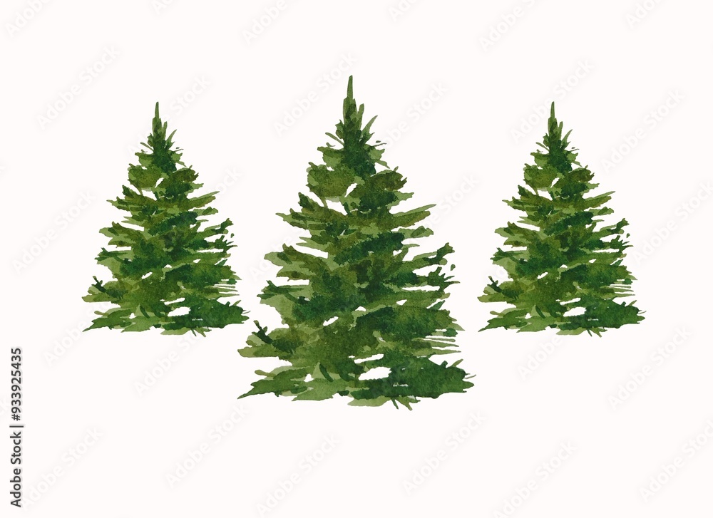 Set of isolated watercolor green Christmas trees hand drawn White background Set of isolated watercolor green Christmas trees hand drawn White background