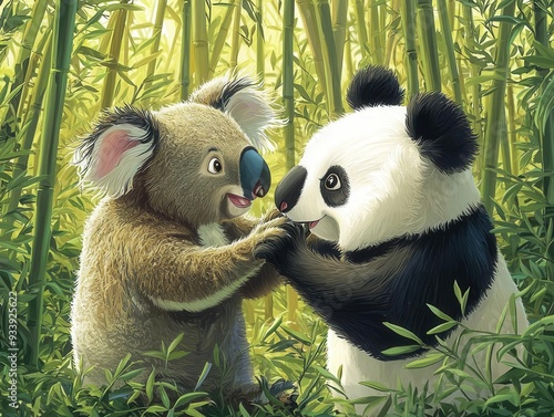 A playful encounter between a koala and a panda photo