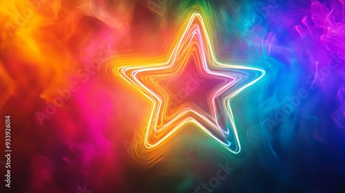 Neon star with colorful light trails, abstract background. Party and celebration concept