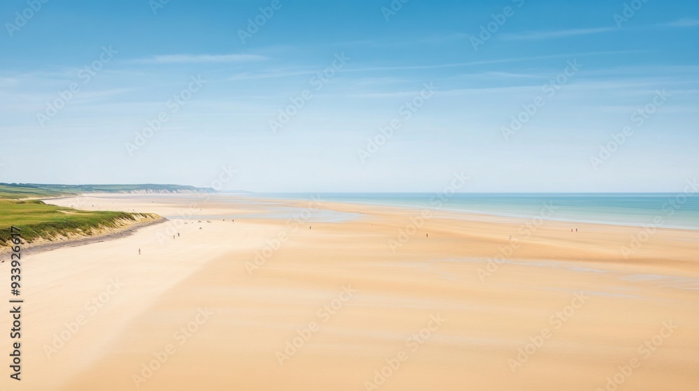 A serene, expansive beach with fine sand and gentle waves under a clear blue sky. A serene, expansive beach with fine sand and gentle waves under a clear blue sky.
