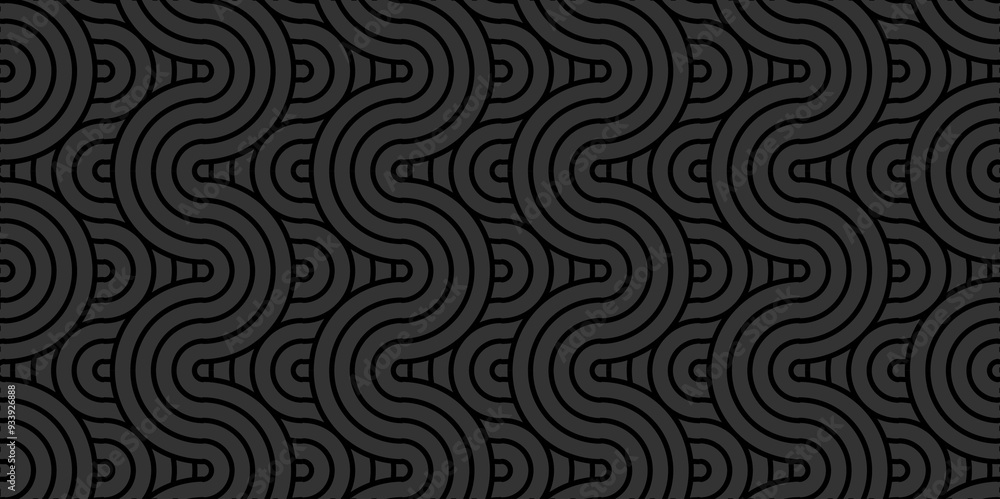 Fototapeta premium Seamless geometric overlapping ocean spiral pattern and abstract circle wave lines. black color stripe geomatics diamond create retro square line backdrop pattern black background.