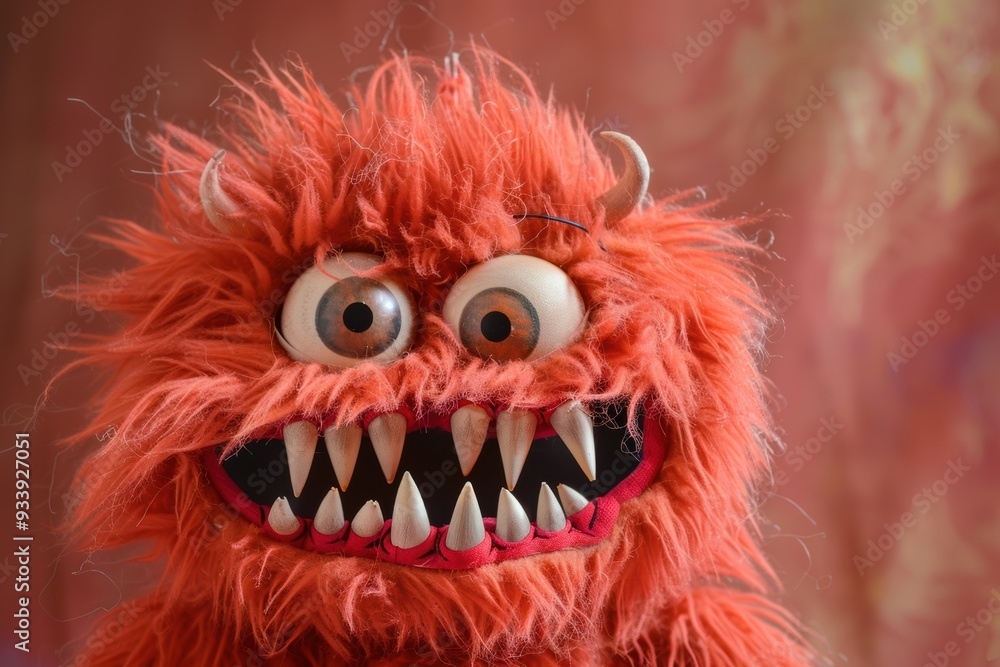 This expressive red furry monster puppet with big eyes and sharp teeth ...