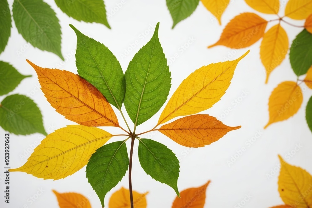 Green, yellow and orange leaf standing on the white background Green, yellow and orange leaf standing on the white background