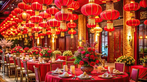 Vibrant red lanterns, intricate wedding decorations, and ornate furnishings adorn a lavish Chinese wedding reception, exuding joy, tradition, and opulence in a beautiful ancient cultural celebration. photo