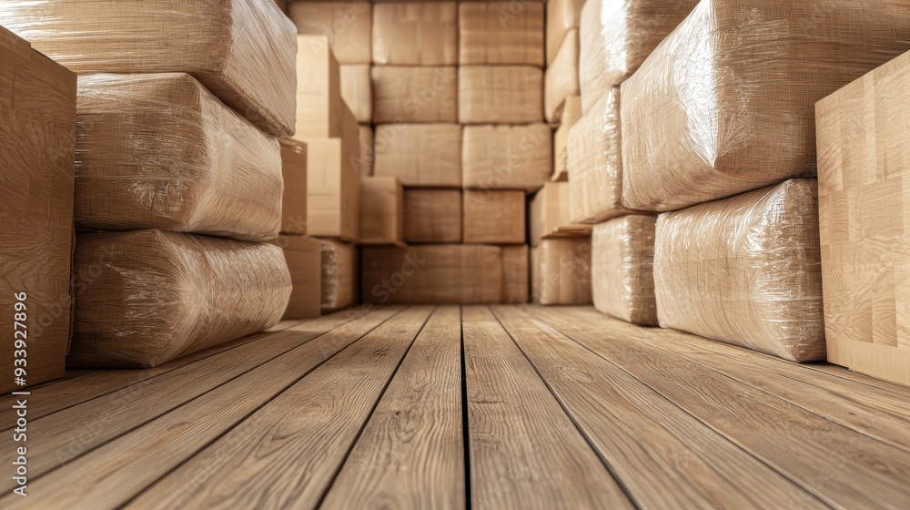 A spacious storage area filled with neatly stacked cardboard boxes on a wooden floor, creating an organized and empty atmosphere. A spacious storage area filled with neatly stacked cardboard boxes on a wooden floor, creating an organized and empty atmosphere.
