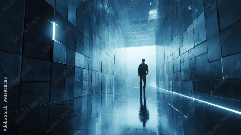 A Man Standing in a Blue-lit Corridor A Man Standing in a Blue-lit Corridor