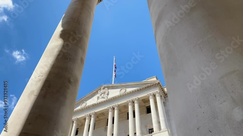 Pan down through stone columns to Bank of England London photo