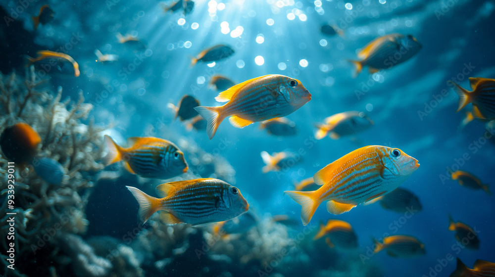Vibrant School of Tropical Fish Swimming in Sunlit Coral Reef Vibrant School of Tropical Fish Swimming in Sunlit Coral Reef