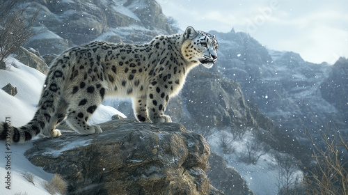 Snow leopard on a rocky ledge, surveying a snowy mountain landscape. photo