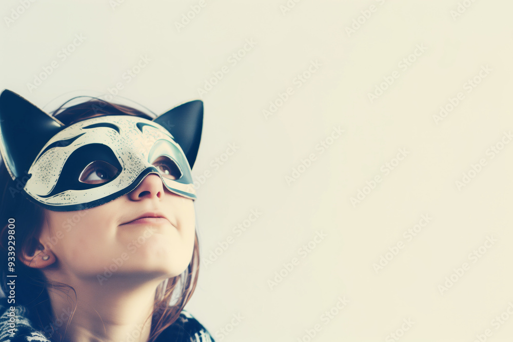 Fototapeta premium Girl in a cat mask, copyspace