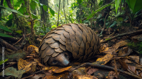 Pangolin curled up into a ball, nestled in the middle of a dense, leaf-covered forest floor. photo