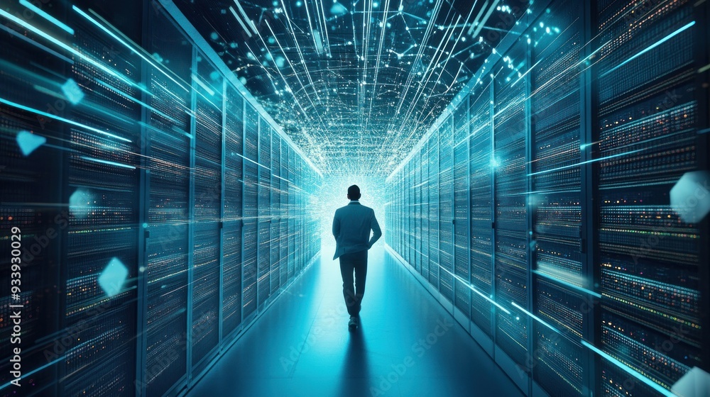 Man Walking Through Server Room with Digital Network Data Flow Man Walking Through Server Room with Digital Network Data Flow