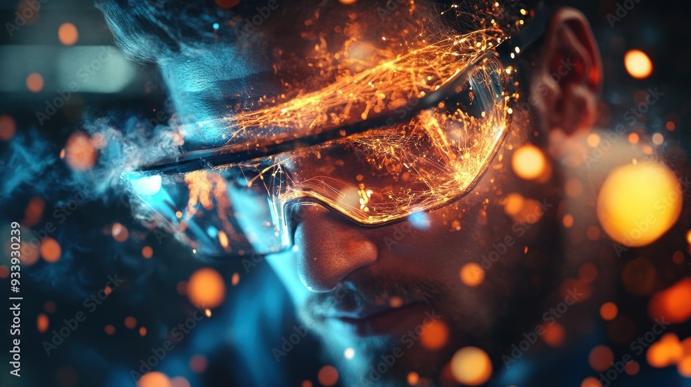 A Man Wearing Safety Glasses with Sparks Flying Through Them A Man Wearing Safety Glasses with Sparks Flying Through Them