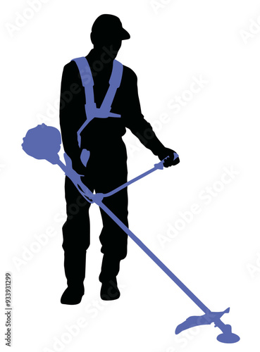 Black vector silhouette of man cutting grass in garden with grass cutter. Icon of man working in garden.