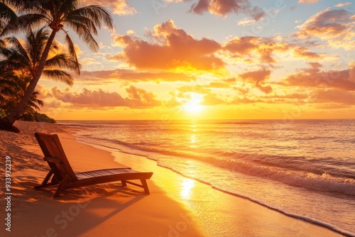 Golden Rays Reflecting on Calm Waves at Serene Beach Sunset with Copy Space photo