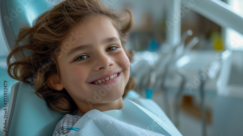 Smiling child sitting in a dental chair, looking happy and relaxed during a dental visit, conveying a positive and stress-free experience at the dentist.