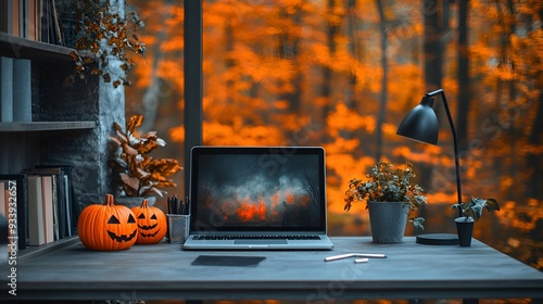 Halloween Home Office: An image of a home office updated for Halloween with stylish, subtle decorations like metallic pumpkin figurines, orange and black books on the shelves, and a modern desk lamp  photo