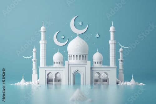 White mosque with crescent moon and stars on a blue background. Suitable for religious and cultural designs, celebrations, and promotions.