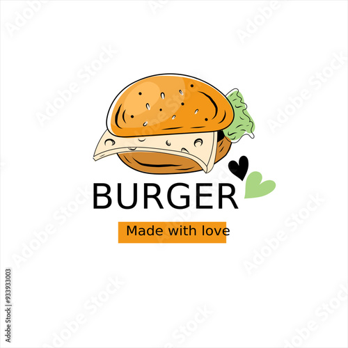 Hot Burgers Vector Logo Illustration. Hand drawn burger emblem with lettering burger. Made with love inscription. Vector art. 
