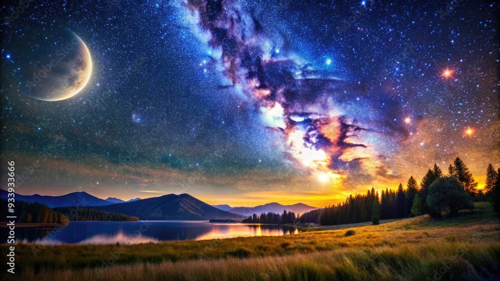 Vibrant starry night sky with millions of twinkling stars and a bright crescent moon shining above a serene and peaceful landscape. Vibrant starry night sky with millions of twinkling stars and a bright crescent moon shining above a serene and peaceful landscape.