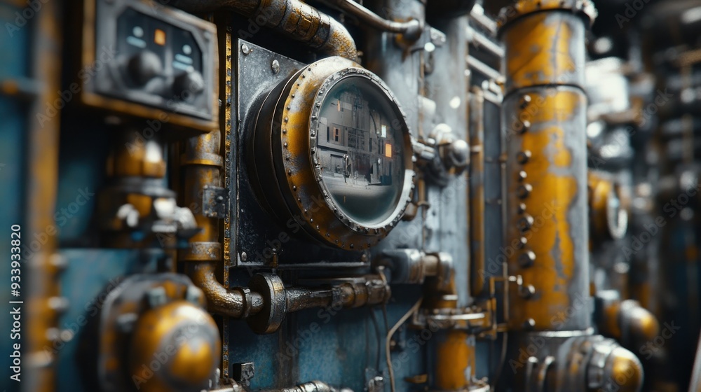 Fototapeta premium A Rusty Industrial Panel with a View of a City Street Through a Circular Window