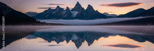 surreal landscape of a mountain range , beautiful reflections from a lake