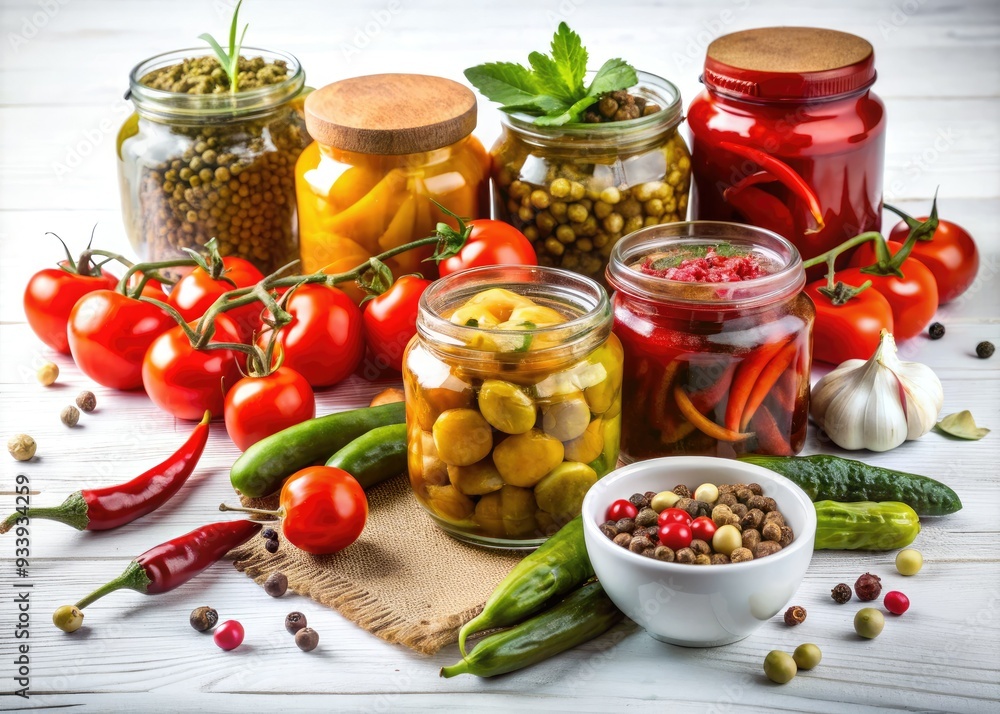 Vibrant still life of assorted pickled vegetables and garnishes, including champignons, cucumbers, tomatoes, capers, chili pepper, and sun-dried tomatoes, on a crisp white background. Vibrant still life of assorted pickled vegetables and garnishes, including champignons, cucumbers, tomatoes, capers, chili pepper, and sun-dried tomatoes, on a crisp white background.