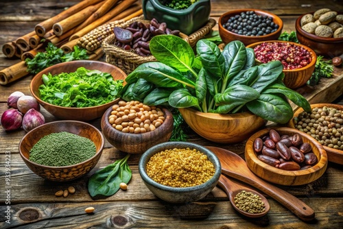 Vibrant still life arrangement of magnesium-rich foods, including dark leafy greens, nuts, and whole grains, on a rustic wooden table.