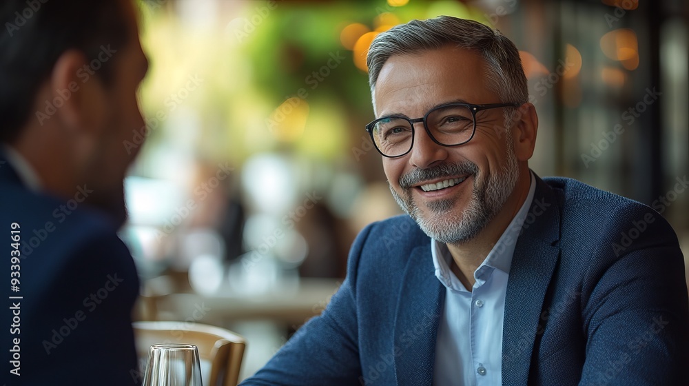 Business discussion between two professionals in a cafe during daytime Business discussion between two professionals in a cafe during daytime