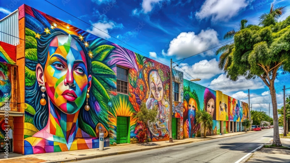 Fototapeta premium Vibrant street art covers buildings in Wynwood, Miami's arts district, showcasing colorful murals, abstract patterns, and quirky graffiti in a lively urban atmosphere.