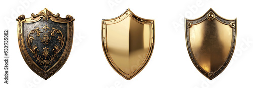 Golden and bronze shields with ornate designs isolated on transparent background
