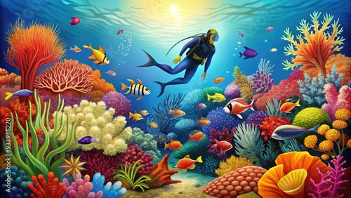 Vibrant, stylized illustration of a scuba diver surrounded by colorful marine life, coral, and seaweed, set against a bright blue underwater background. photo