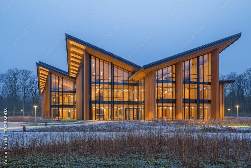 Impressive building with angled roofs and large glass facades at dusk, set against a blue sky. Perfect for commercial architectural presentations. Impressive building with angled roofs and large glass facades at dusk, set against a blue sky. Perfect for commercial architectural presentations.
