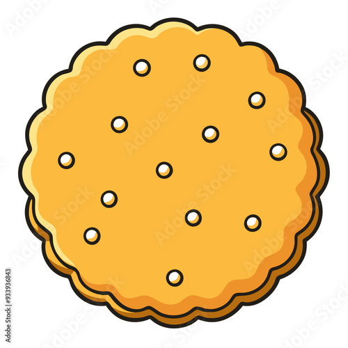 a cartoon-style illustration of a round, golden-brown cracker. The cracker has a scalloped edge and is dotted with small holes evenly distributed across its surface