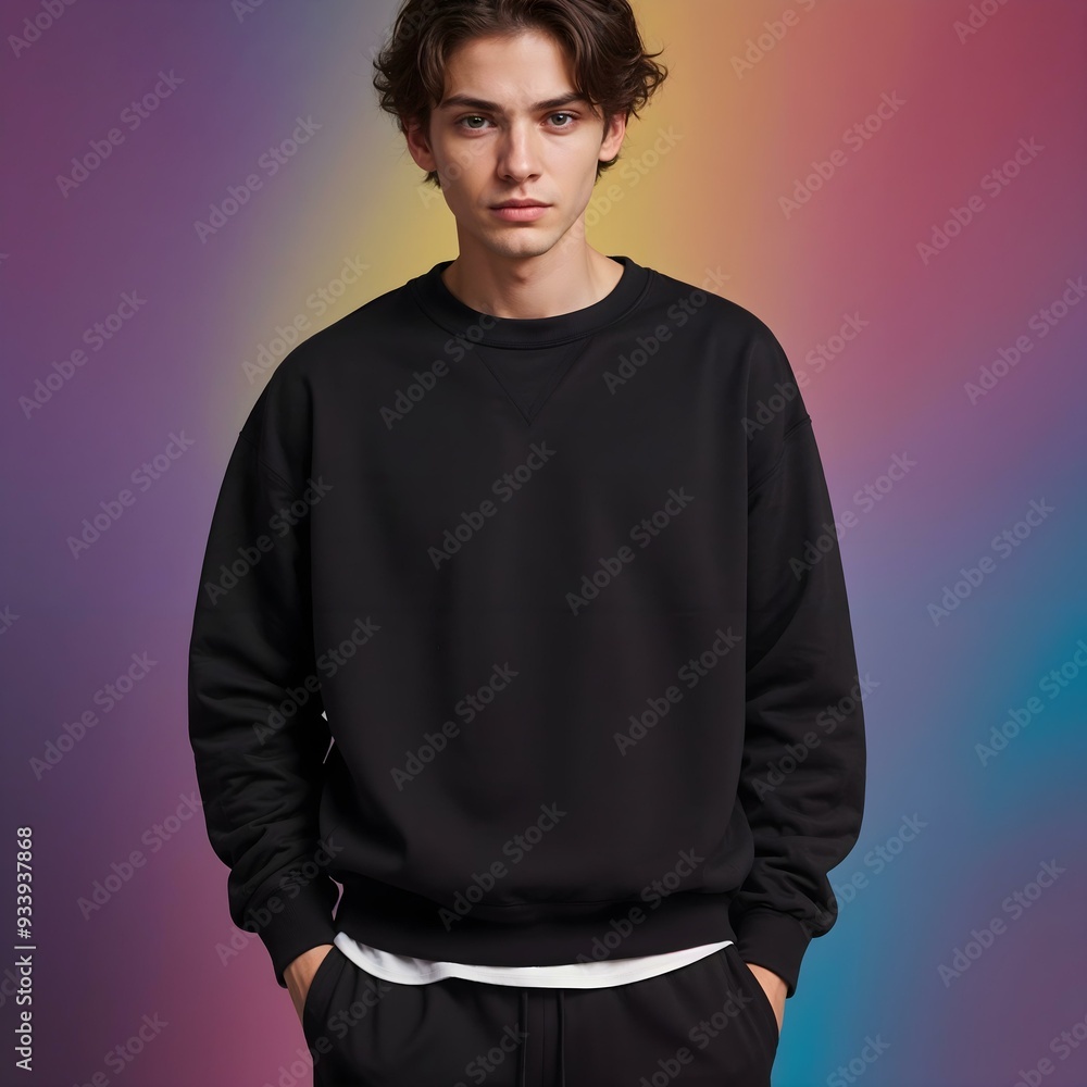 A young male wearing a black sweatshirt against a colorful background