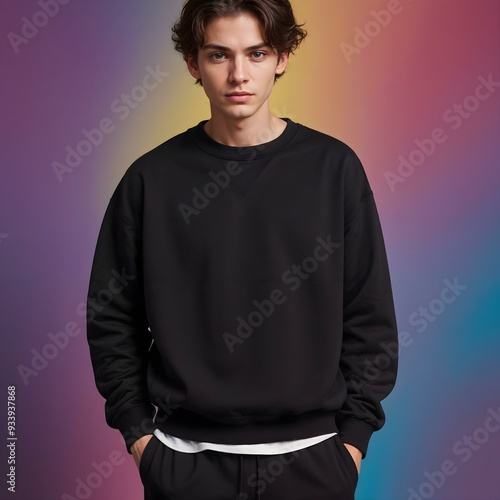 Obraz na płótnie A young male wearing a black sweatshirt against a colorful background w salonie