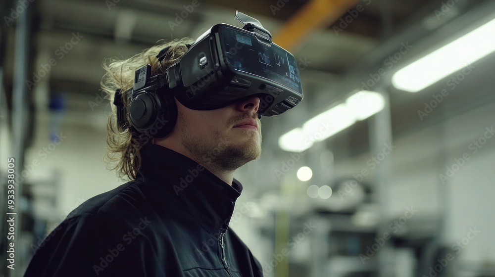 Man Wearing VR Headset and Headphones in Industrial Setting Man Wearing VR Headset and Headphones in Industrial Setting