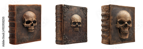 Antique books with skull designs on covers isolated on transparent background
