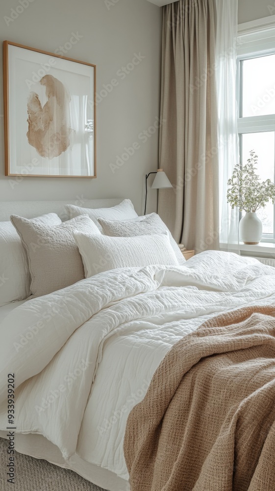 A Scandinavian-style bedroom with a neatly made bed featuring simple, white bedding and a few grey accents. Natural light fills the room, highlighting the clean lines and minimalist decor. A single A Scandinavian-style bedroom with a neatly made bed featuring simple, white bedding and a few grey accents. Natural light fills the room, highlighting the clean lines and minimalist decor. A single