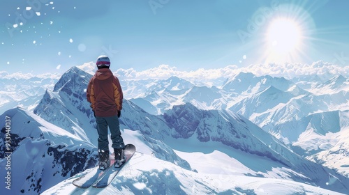 A snowboarder stands on a sunlit snowy mountain peak, with a panoramic view of distant mountains and clear sky, exuding calmness and readiness for adventure. 