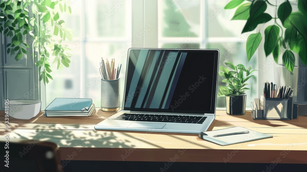 A Desk with a Laptop, Plants, and Writing Supplies in the Sunlight A Desk with a Laptop, Plants, and Writing Supplies in the Sunlight