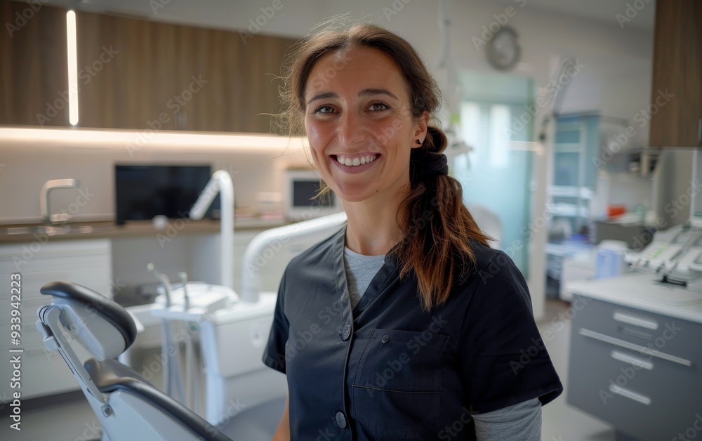 A dental assistant with a friendly smile stands in a well-organized dental clinic, creating an atmosphere of comfort and care. A dental assistant with a friendly smile stands in a well-organized dental clinic, creating an atmosphere of comfort and care.