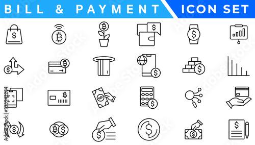 Payment. Linear icon set. Payment options. Payment vector icons. Outline payment method symbols. Money transfer. Banking, credit card, cash and transaction symbol.