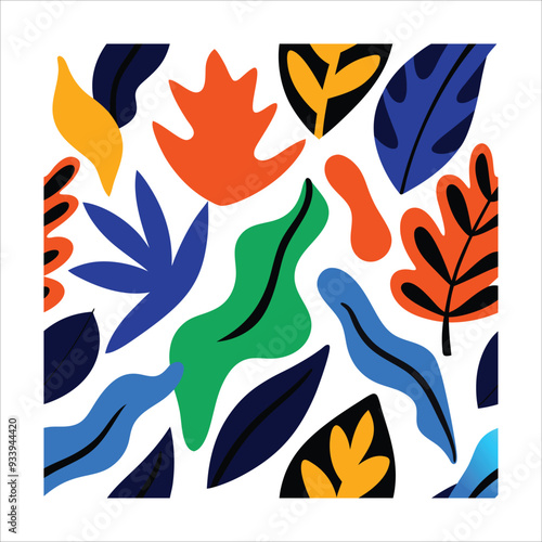 Vivid Matisse Leaf Cut-Outs on White Background Hand-Drawn Pattern
