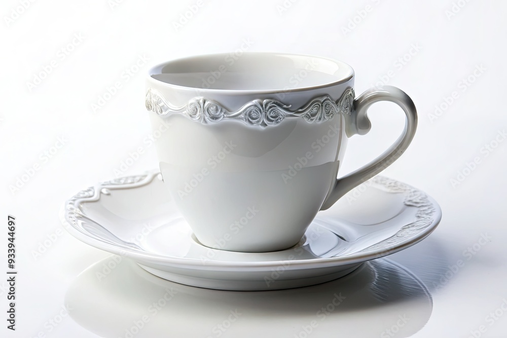 Elegant ceramic cup with ornate handle sits atop delicate saucer, both pure white, against a clean and crisp white background, inviting calmness. Elegant ceramic cup with ornate handle sits atop delicate saucer, both pure white, against a clean and crisp white background, inviting calmness.